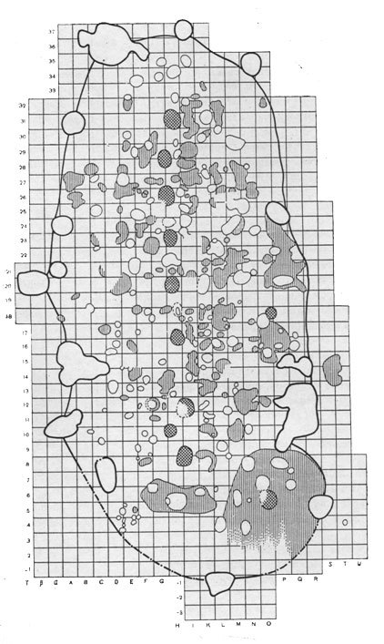 Схема первого жилого комплекса стоянки Костенки 1. По границе овала белым цветом обозначены землянки, по центру темных цветом обозначена линия очагов